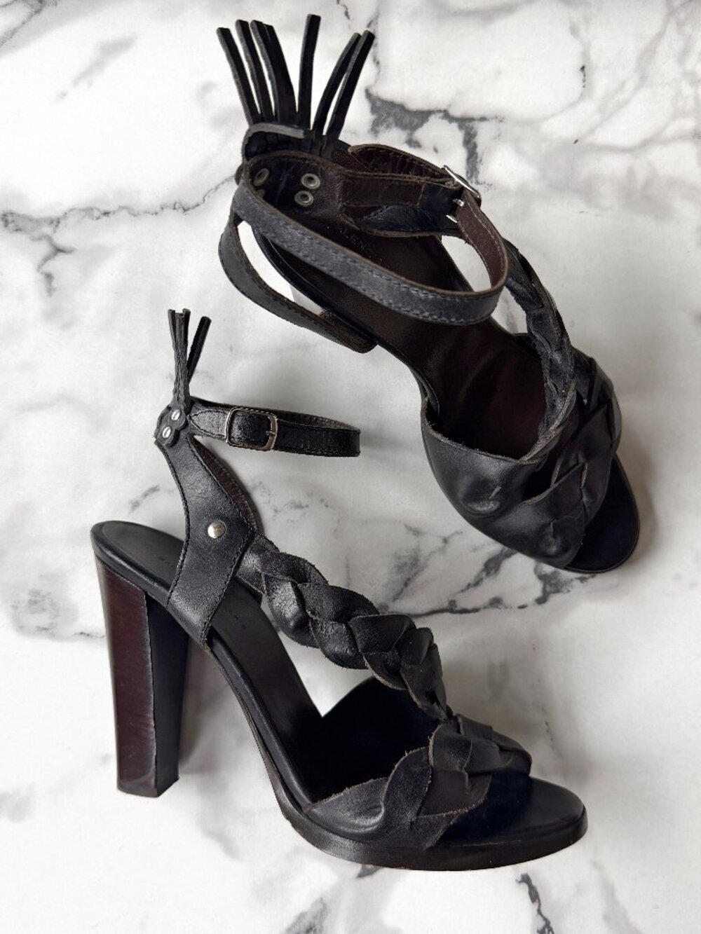 Balenciaga Dark Brown Braided Leather Wooden Heels Size 39.5